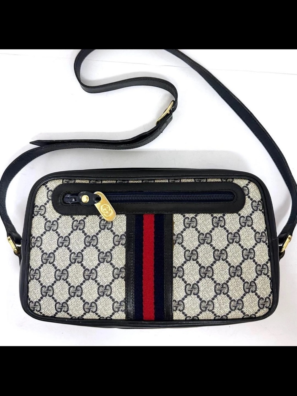 Gucci Beige GG Canvas Crossbody with Blue and Red Web Stripe